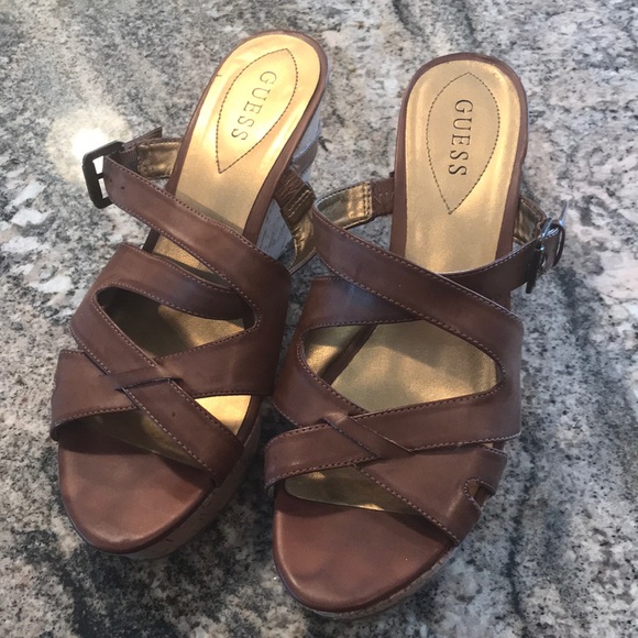 Guess tan leather wedge sandals size 11 - Picture 1 of 4